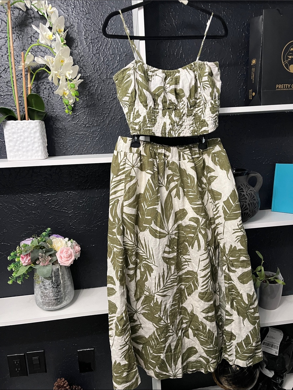 Abercrombie & Fitch Olive Green and Cream Tropical Two piece set